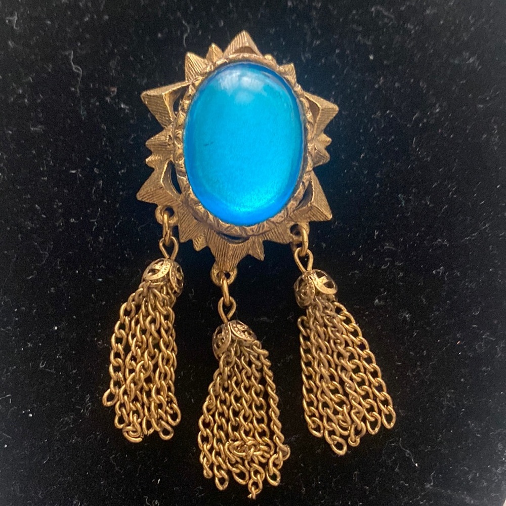 Vintage blue cabochon with tassels brooch